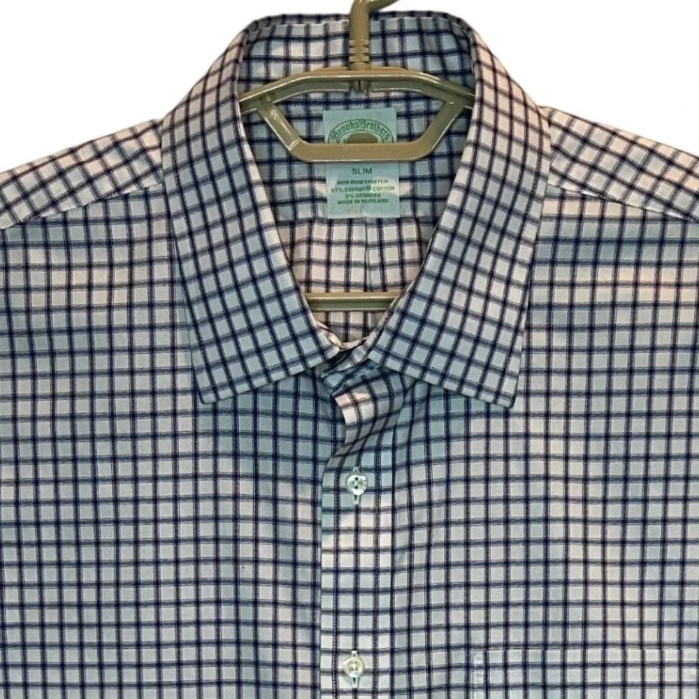 Brooks Brothers Dress Shirt‎ 16.5 33 Men's White Navy Slim Fit Non-Iron Stretch